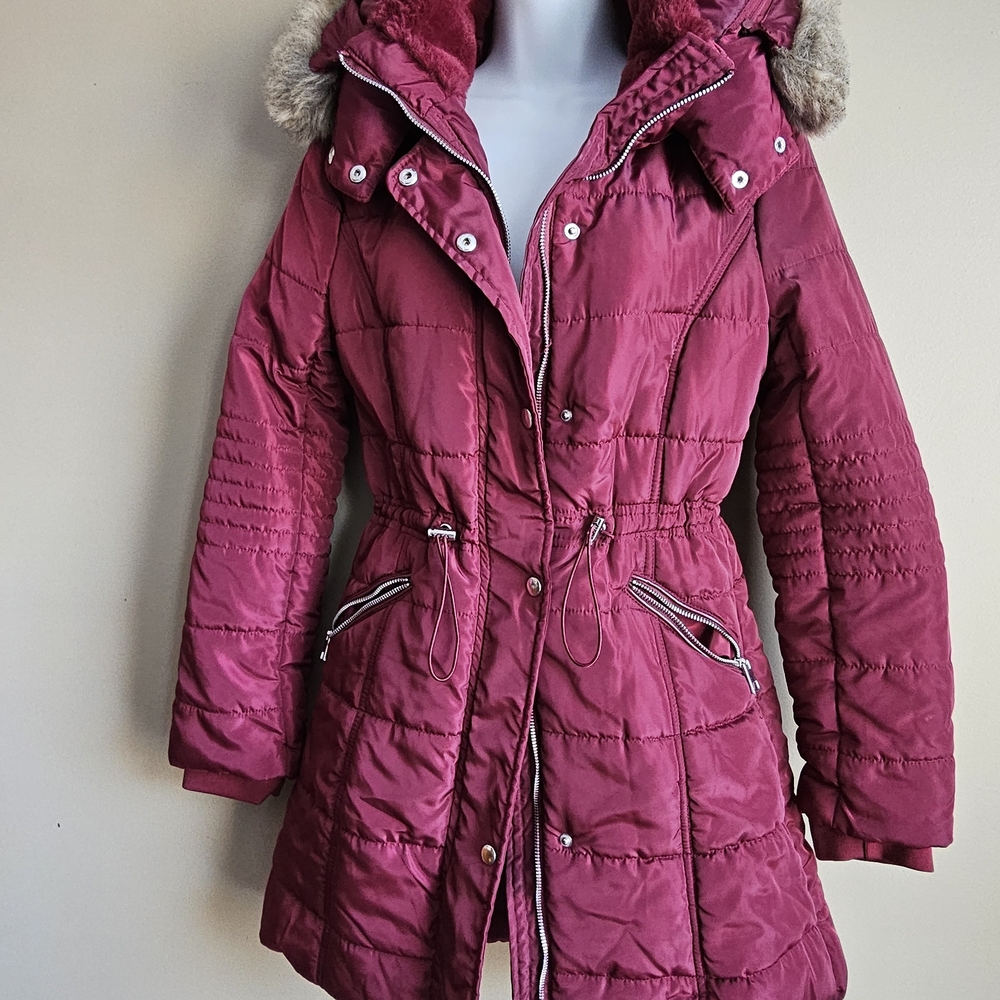 Rue21 Women's Puffer Jacket with Faux Fur Hood - Berry